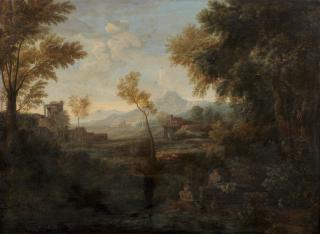 Gaspard Dughet - An extensive classical landscape with fishermen on the banks of a river