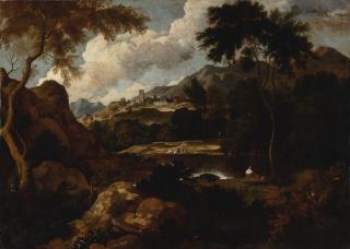 Gaspard Dughet - An Extensive Landscape With Figures Seated By A Lake, A Town On A Hill Beyond