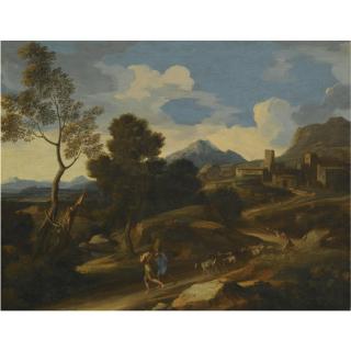 Gaspard Dughet - An Italianate Landscape With Goat Herders Driving Their Flock Along The Path In The Foregound, A Town Beyond