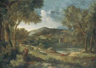 Gaspard Dughet - An Italianate river landscape with a shepherd and his flock