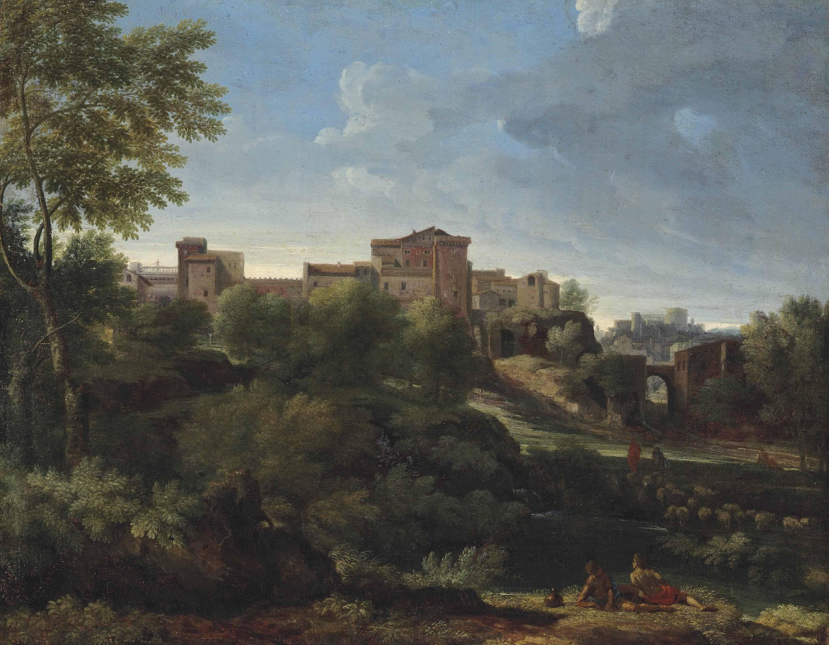 Gaspard Dughet - An Italianate wooded landscape with figures at rest, a hilltop town beyond
