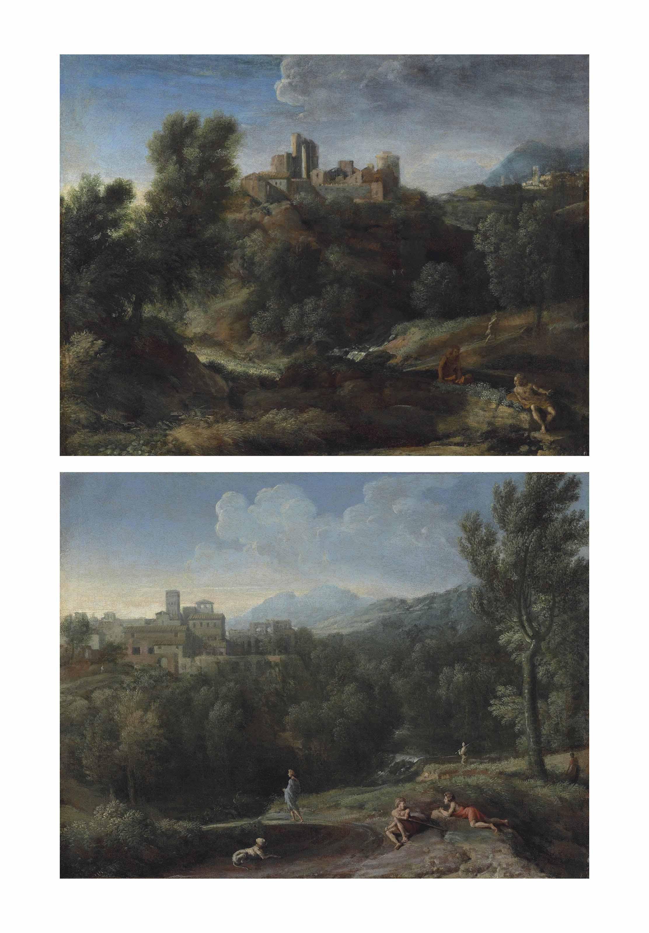 Gaspard Dughet - An Italianate wooded landscape with figures resting in the foreground, a hilltop town beyond; and An Italianate wooded landscape at dusk, with figures conversing in the foreground, a town beyond