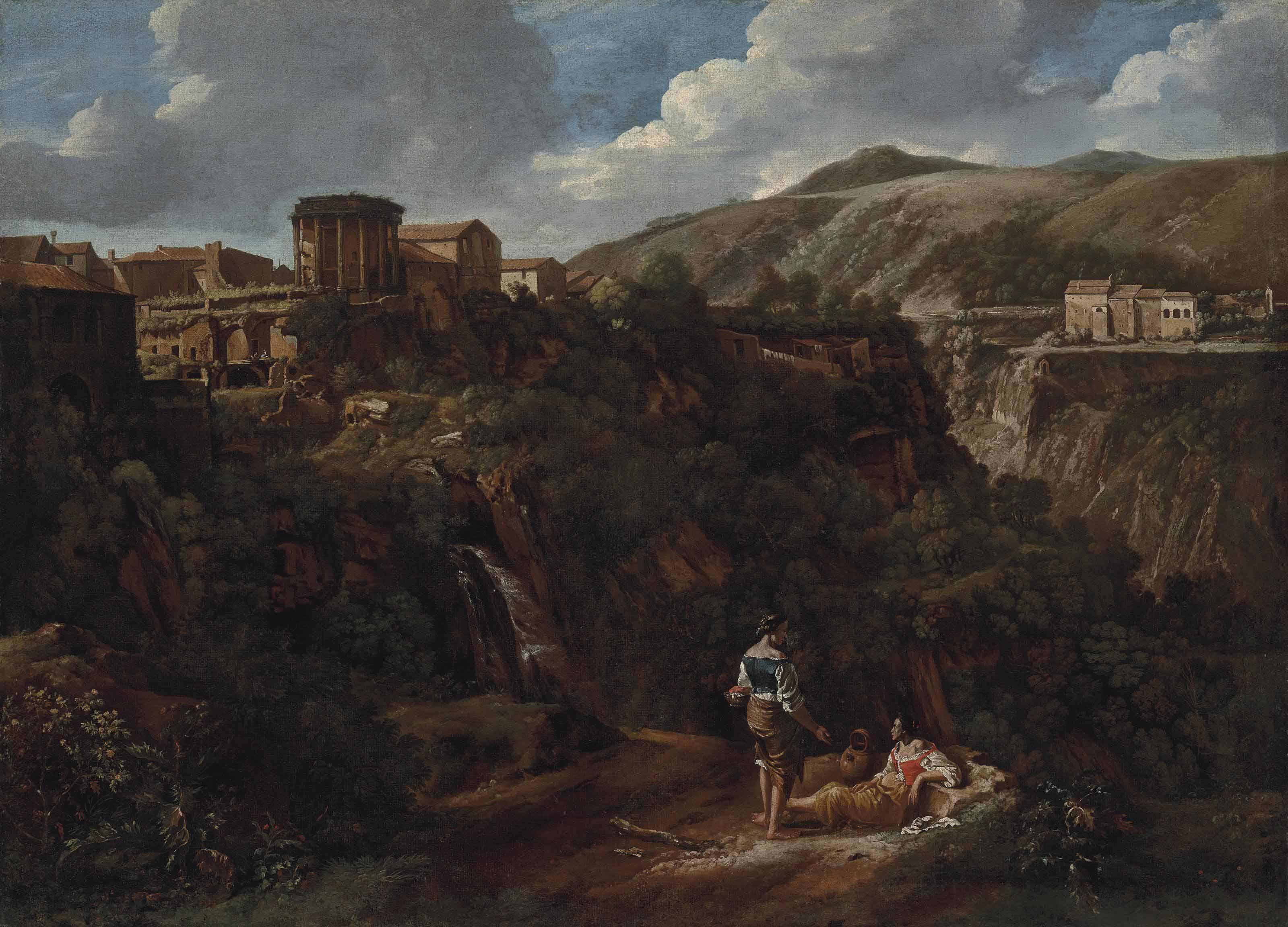Gaspard Dughet - The Cascade At Tivoli, With Two Washerwomen Resting By A Path