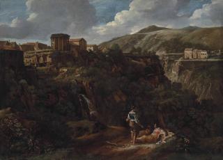 Gaspard Dughet - The Cascade At Tivoli, With Two Washerwomen Resting By A Path