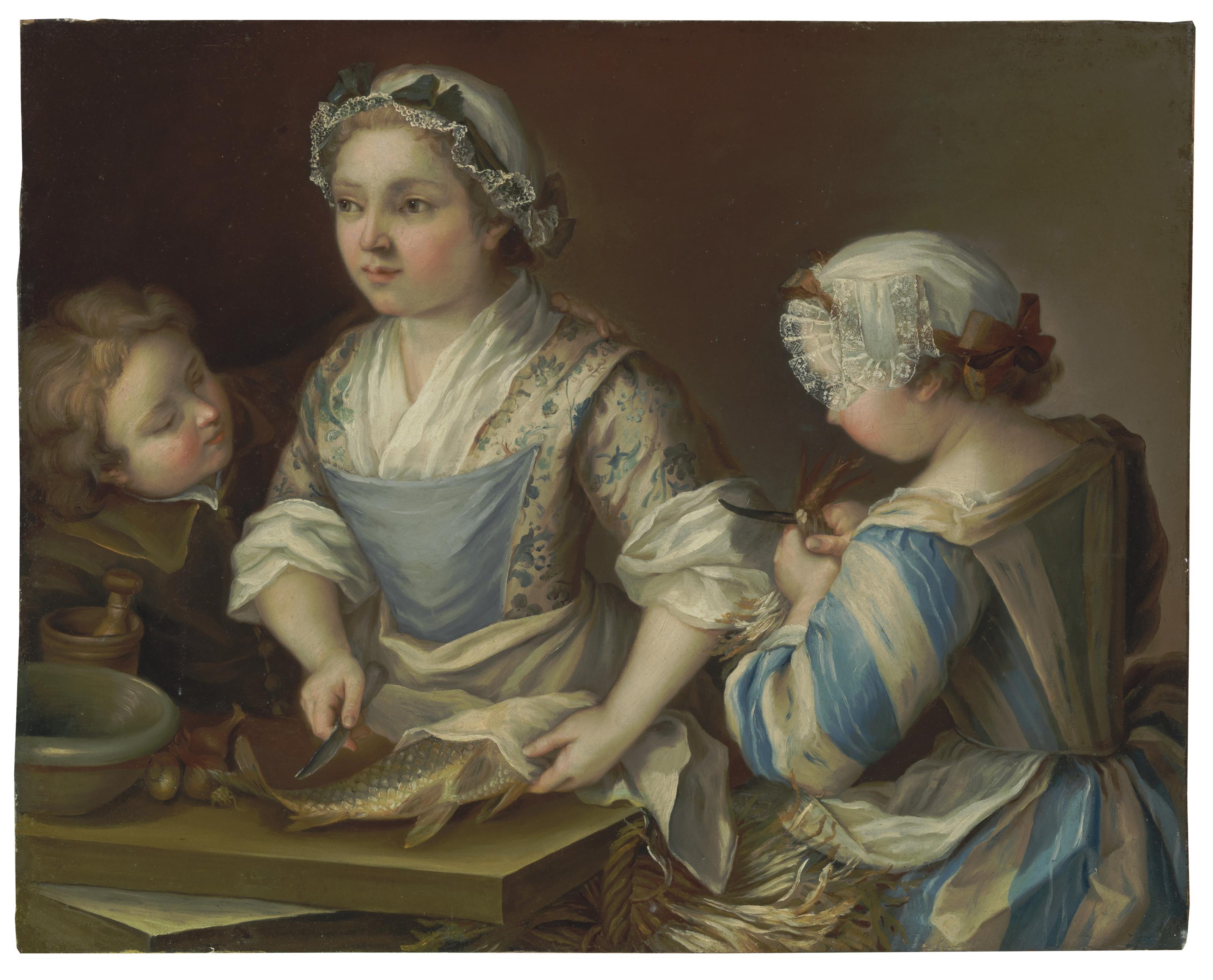 Gaspard Gresly - A kitchen interior with figures preparing food