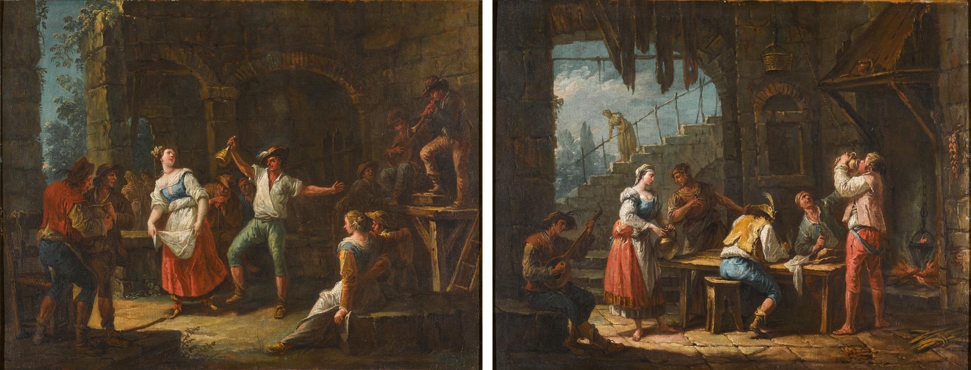 Gaspare Diziani - A pair of tavern scenes with peasants drinking, dancing and making music