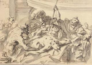 Gaspare Diziani - Satyrs and warriors threatening a bound captive