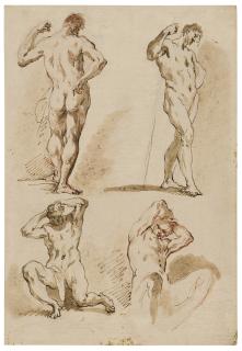 Gaspare Diziani - Two Sheets depicting male academy studies: A) Study of Four Male Nude B) Study of Five Male Nude