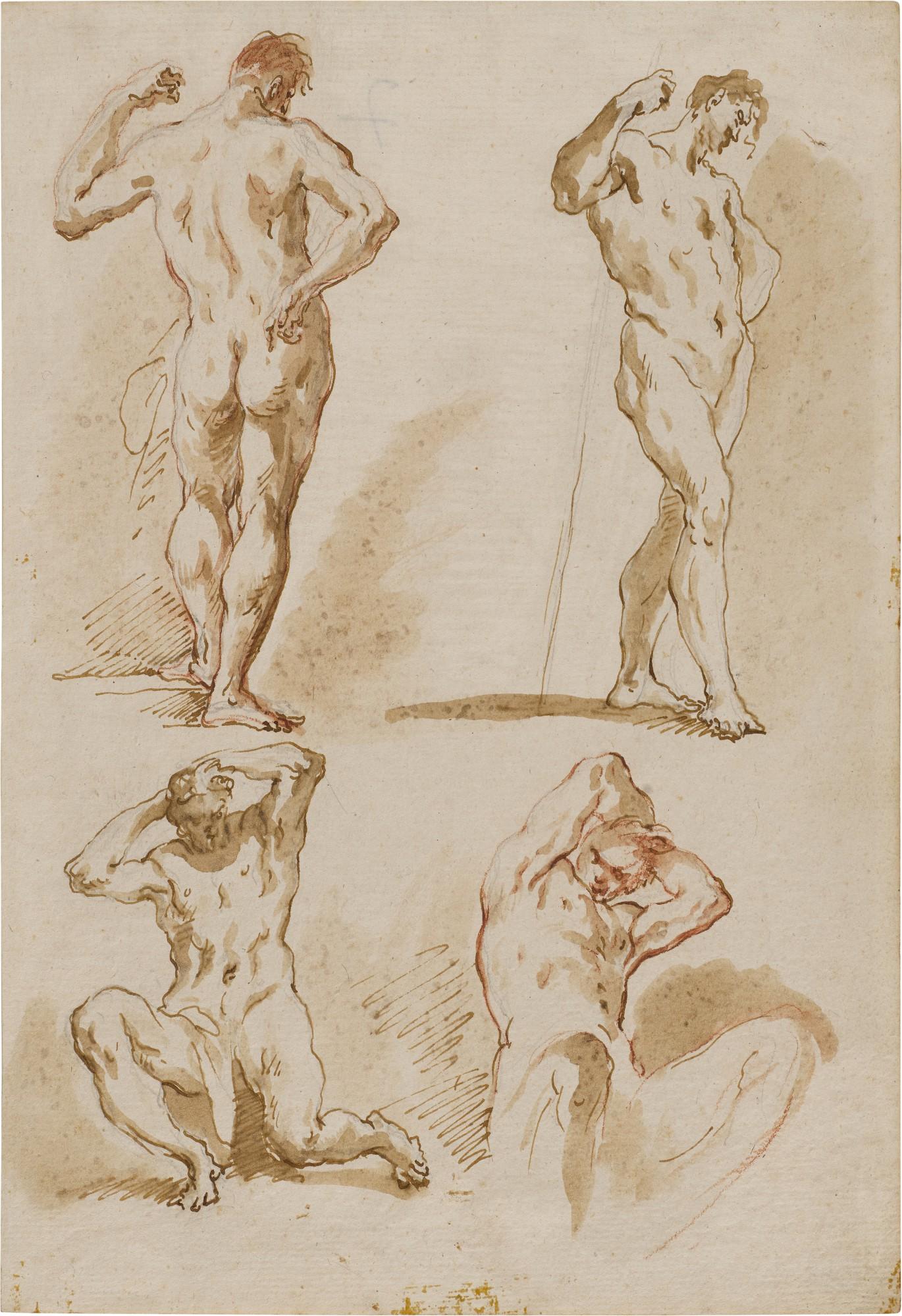 Gaspare Diziani - Two Sheets depicting male academy studies: A) Study of Four Male Nude B) Study of Five Male Nude