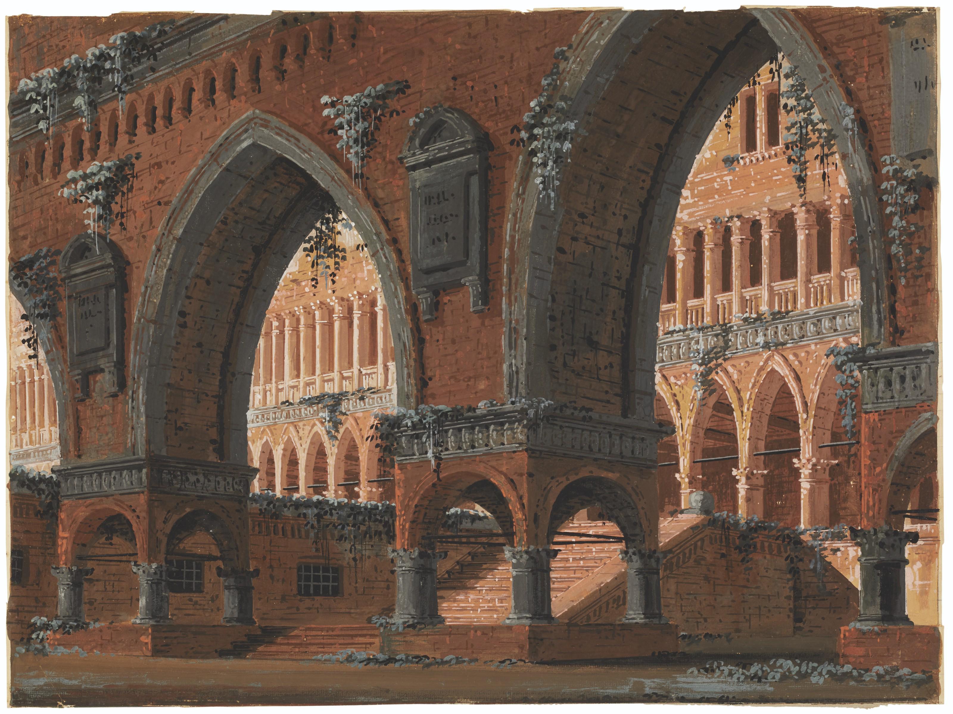 Gaspare Galliari - Stage set design of a partly overgrown rotunda seen from under an arch (i); Stage set design of a palace façade seen from under a bridge with Gothic arches (ii)