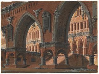 Gaspare Galliari - Stage set design of a partly overgrown rotunda seen from under an arch (i); Stage set design of a palace façade seen from under a bridge with Gothic arches (ii)