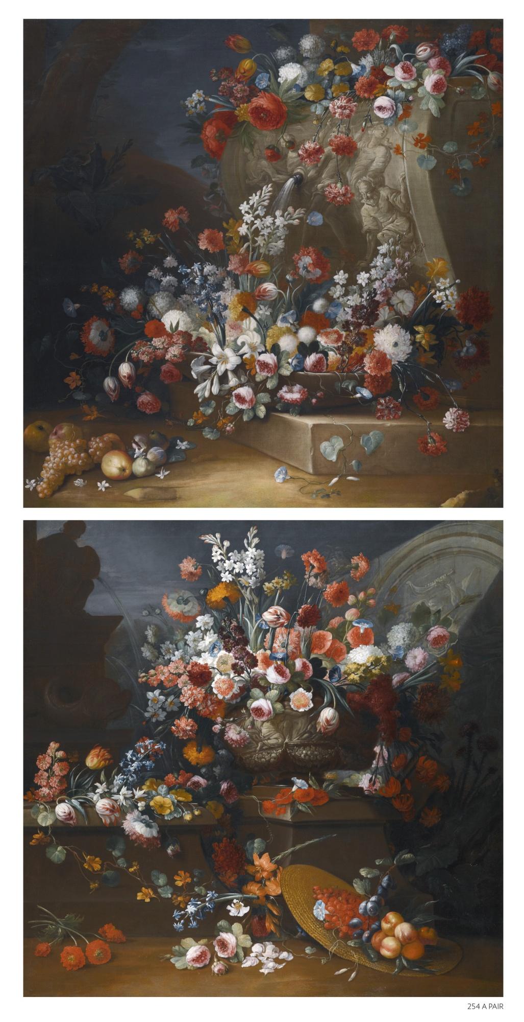 Gaspare Lopez - An Outdoor Still Life With Flowers On A Fountain And On A Ledge; An Outdoor Still Life With Flowers In A Vase On A Ledge, A Straw Hat Filled With Fruit On The Floor