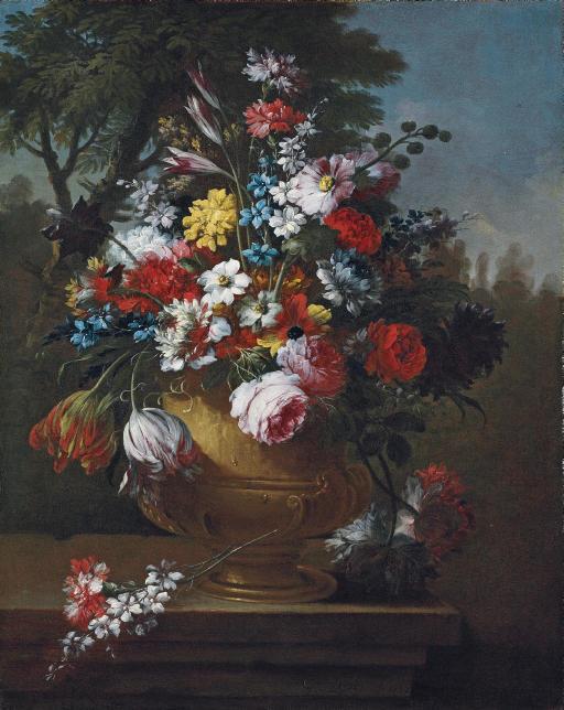 Gaspare Lopez - Roses, Tulips, Carnations, Chrysanthemums And Other Flowers In A Classical Urn, On A Ledge