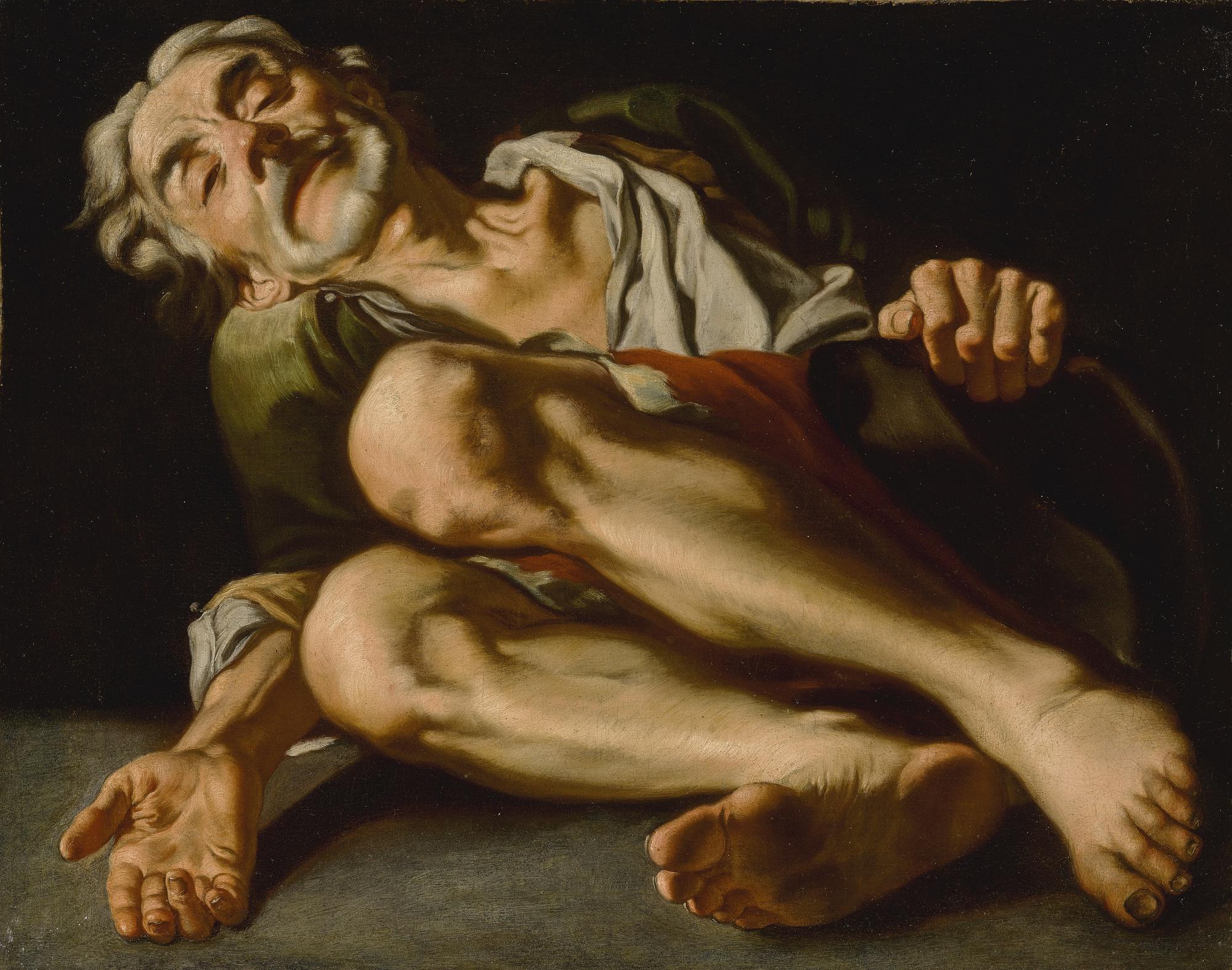 Gaspare Traversi - An Old Beggar, Lying Down, His Hand Reaching Out