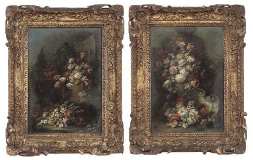 Gasparo López - Carnations, tulips, peonies and other flowers in a terracotta pot, with tulips, carnations, narcissi and other flowers overflowing from a wicker basket