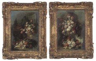 Gasparo López - Carnations, tulips, peonies and other flowers in a terracotta pot, with tulips, carnations, narcissi and other flowers overflowing from a wicker basket