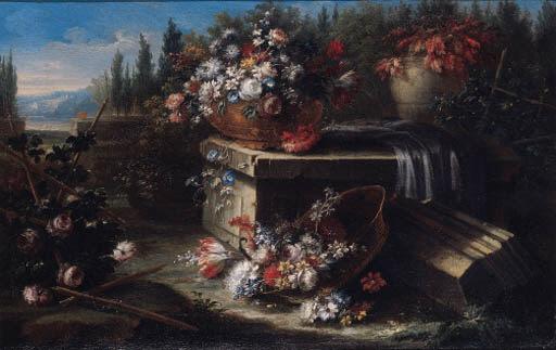 Gasparo Lopez - Still life of mixed flowers in a bowl on a draped ledge, with a basket of flowers in a landscape