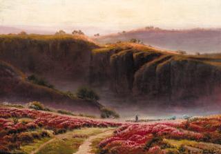 Gaston Anglade - A shepherd herding his flock in an extensive mountainous landscape