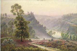 Gaston Anglade - A shepherdess with her flock in an extensive landscape with a river and castle beyond