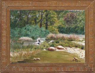 Gaston Anglade - Paysage de la Creuse et Fougre; Washerwomen on the riverbank