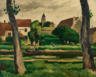 Gaston Balande - Dorfpartie mit Fluss.