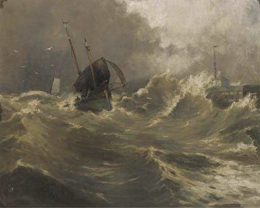 Gaston Haustraete - Sailing vessels on a rough sea by a pier