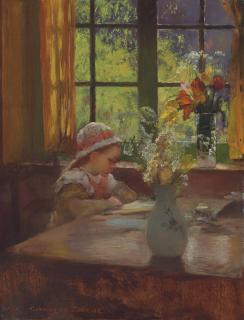 Gaston La Touche - A young girl with bonnet reading by a window