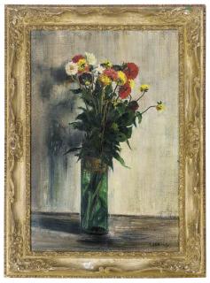 Gaston Sebire - Chrysanthemums in a glass vase on a ledge