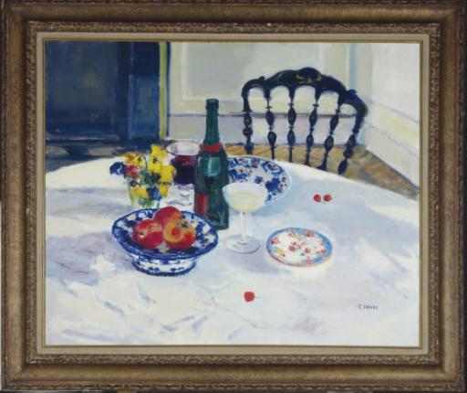 Gaston Sébire - Still Life With Fruit, Flowers And Wine