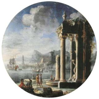 Gennaro Greco - A capriccio of architectural ruins with figures by a fountain, a Dutch frigate and other shipping in a bay beyond