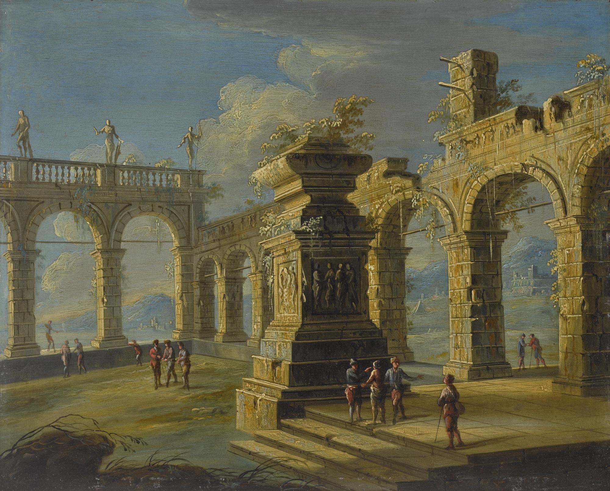 Gennaro Greco - An Architectural Capriccio With Classical Ruins And Figures