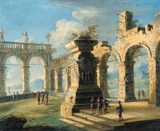 Gennaro Greco - An architectural capriccio with classical ruins and figures