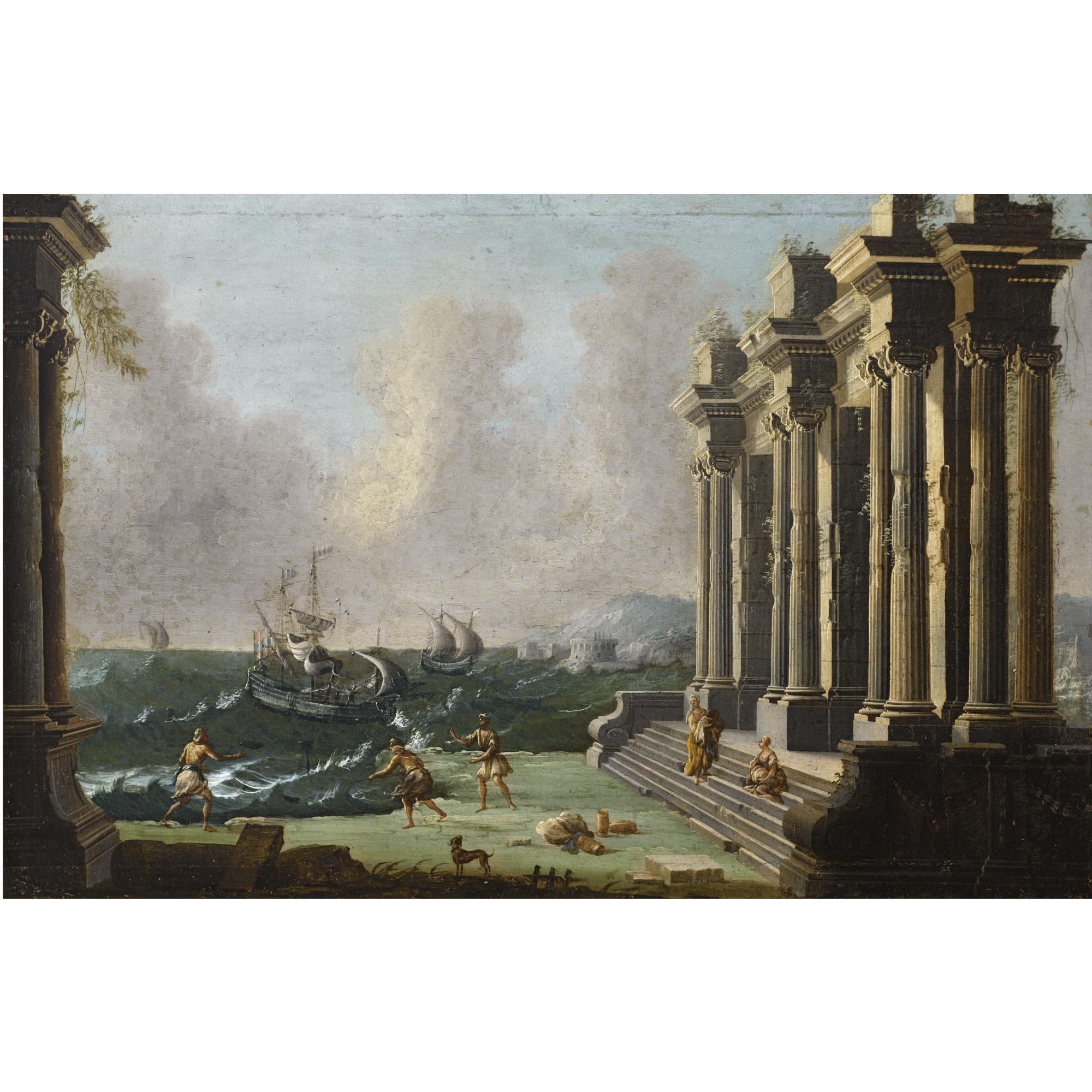 Gennaro Greco - An Architectural Capriccio With Figures Amidst Classical Ruins, Shipping In Stormy Waters Beyond