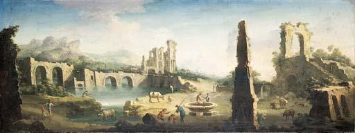 Gennaro Greco - An extensive river landscape with herdsmen and cattle among classical ruins