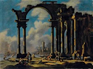 Gennaro Greco - Capriccio architettonico con astanti presso un porto