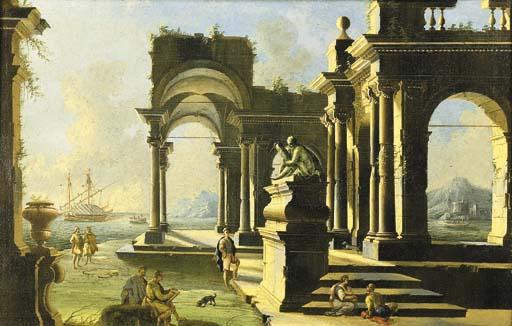 Gennaro Greco - Capriccio architettonico di un loggiato di ordine corinzio presso una costa mediterranea, con una statua antica su alto basamento, un pittore al lavoro ed astanti vari