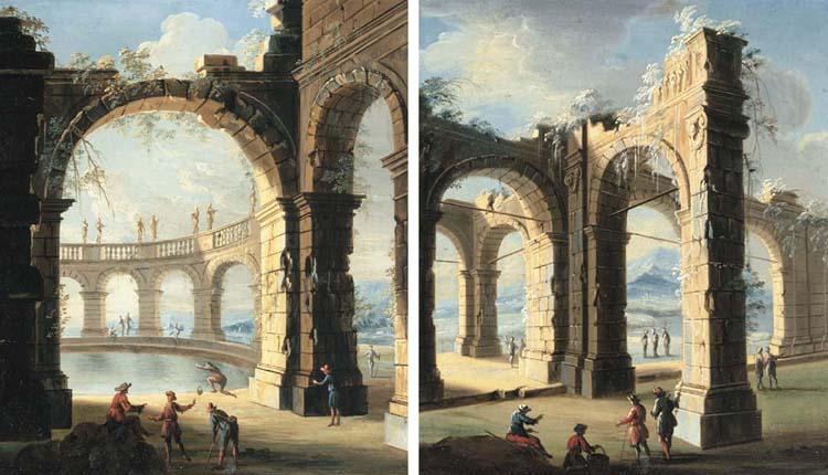 Gennaro Greco - Figures amongst classical ruins; and Figures by a pool of water surrounded by classical ruins