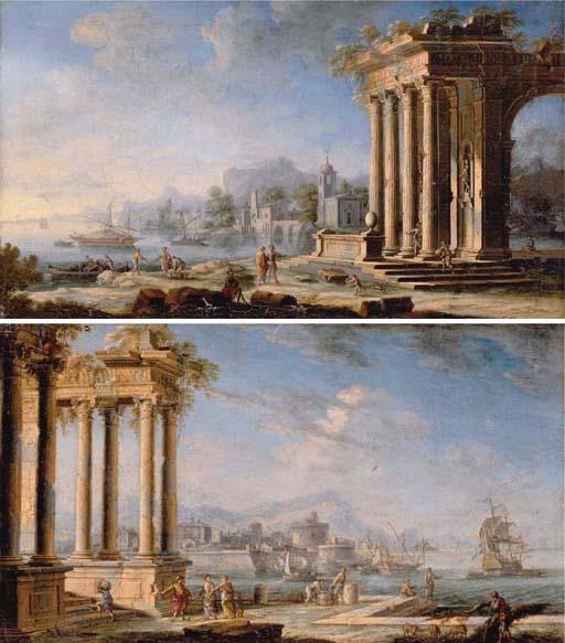 Gennaro Greco - Italianate coastal landscapes with figures by classical ruins and shipping off the shore
