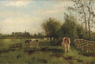 Geo Poggenbeek - Cows in a meadow in spring, a church beyond