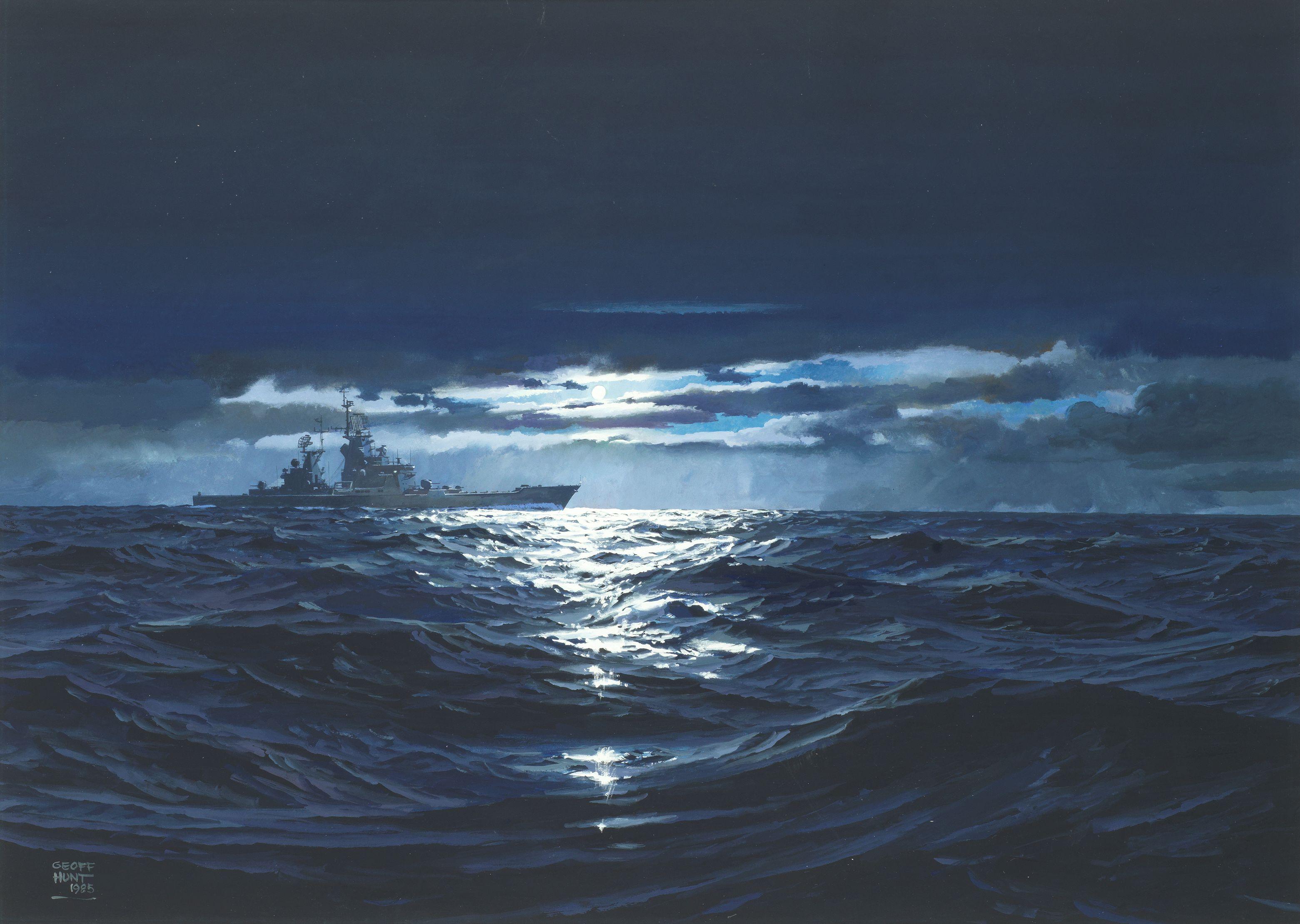 Geoffrey William Hunt - A Warship Under Moonlight