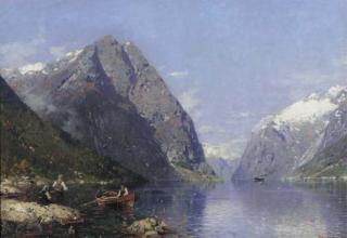 Georg Anton Rasmussen - A Norwegian fjord in summer, with children fishing in the foreground