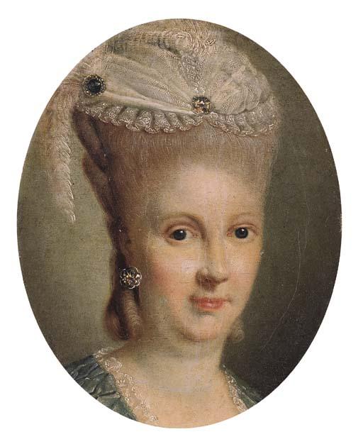Georg David Matthieu - Portrait of Luise, Duchess of Mecklenburg-Schwerin (1756-1808), small bust length, wearing a light blue dress with lace chemise, earrings and bonnet set with precious stones - a fragment