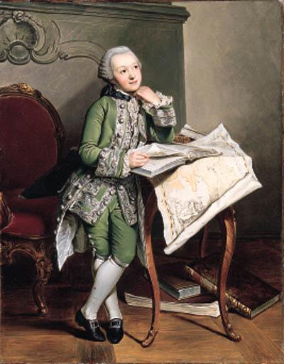 Georg David Matthieu - Portrait of Prince Friedrich-Franz I zu Mecklenburg-Schwerin (1756-1785), small full-length, in an embroidered green suit, at his studies