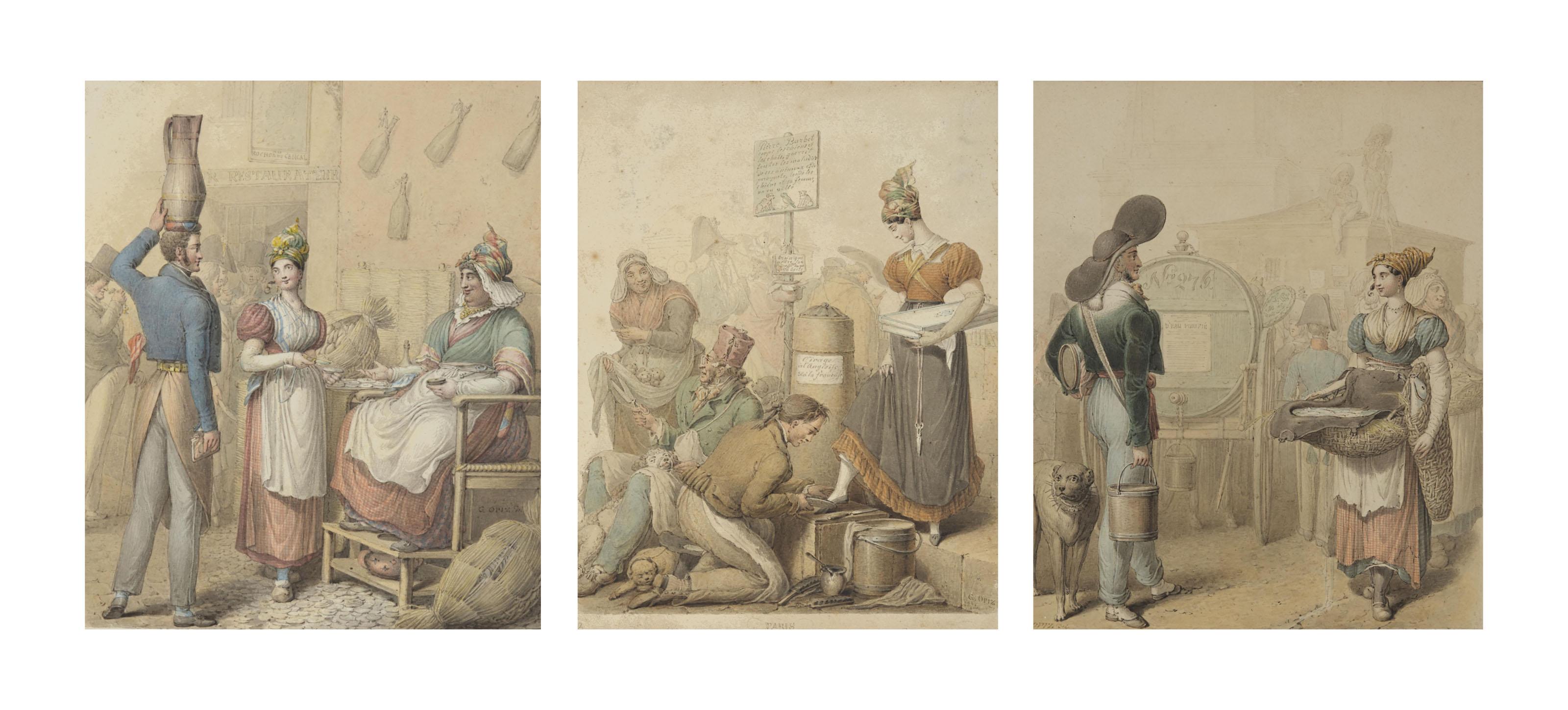 Georg Emanuel Opitz - Trois Scènes De Marché: Un Marchand De Vin Et Une Marchande D\'Huîtres (1); Jeune Couturière Se Faisant Cirer Les Chaussures (2); Porteur D\'Eau Et Poissonière (3)