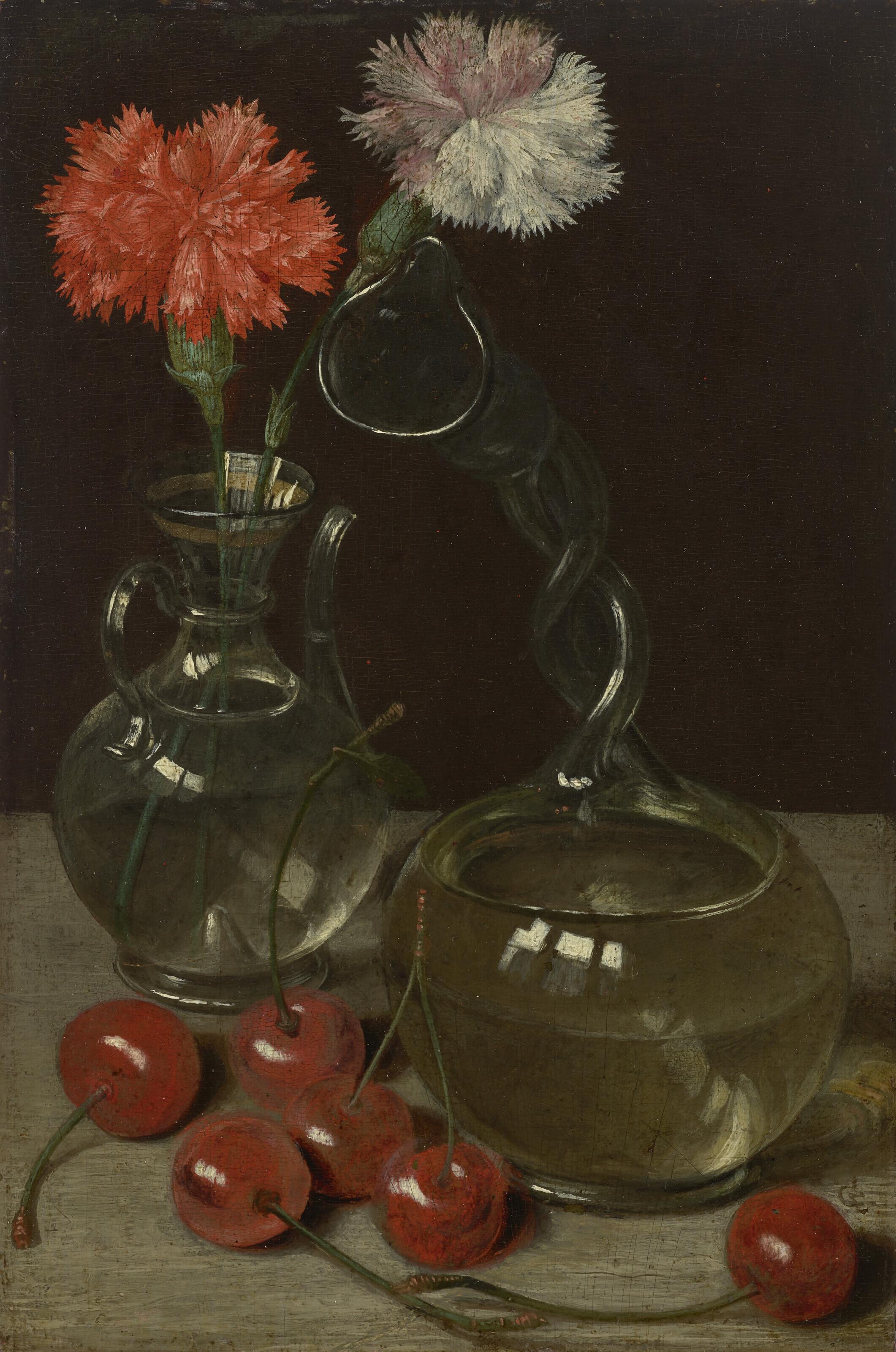Georg Flegel - A glass vase with flowers and a kuttrolf surrounded by cherries, on a ledge