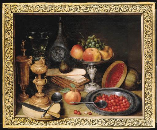 Georg Flegel - A Silver Tazza With Apples And A Bunch Of Grapes, Strawberries In A Pewter Dish With A Spoon, A Roemer On An Ornate Gilt Stand, A Silver-Gilt Cup And Cover, A Clay Jug And Other Objects In A Trompe L\'Oeil Frame