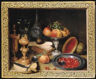 Georg Flegel - A Silver Tazza With Apples And A Bunch Of Grapes, Strawberries In A Pewter Dish With A Spoon, A Roemer On An Ornate Gilt Stand, A Silver-Gilt Cup And Cover, A Clay Jug And Other Objects In A Trompe L\'Oeil Frame