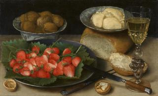 Georg Flegel - Mahlzeit mit Erdbeeren, Walnüssen, Brot, Butter und Wein