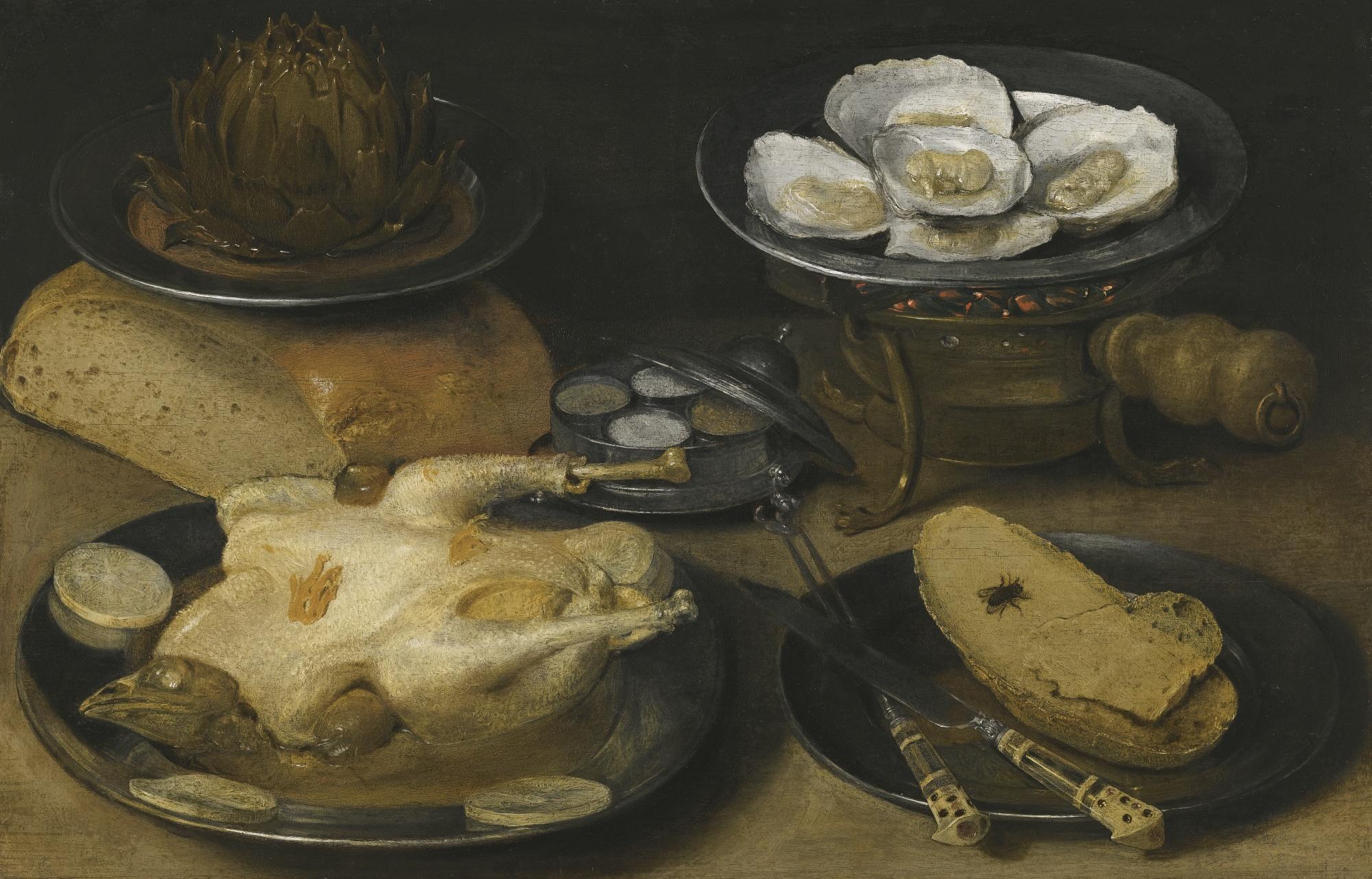 Georg Flegel - Still Life With A Dish Of Oysters Upon A Brazier, An Artichoke In A Dish Resting Upon A Loaf Of Bread, Together With A Cooked Capoon And A Knife, Fork And Slices Of Bread On Plates And A Silver Condiment Dish Upon A Table Top