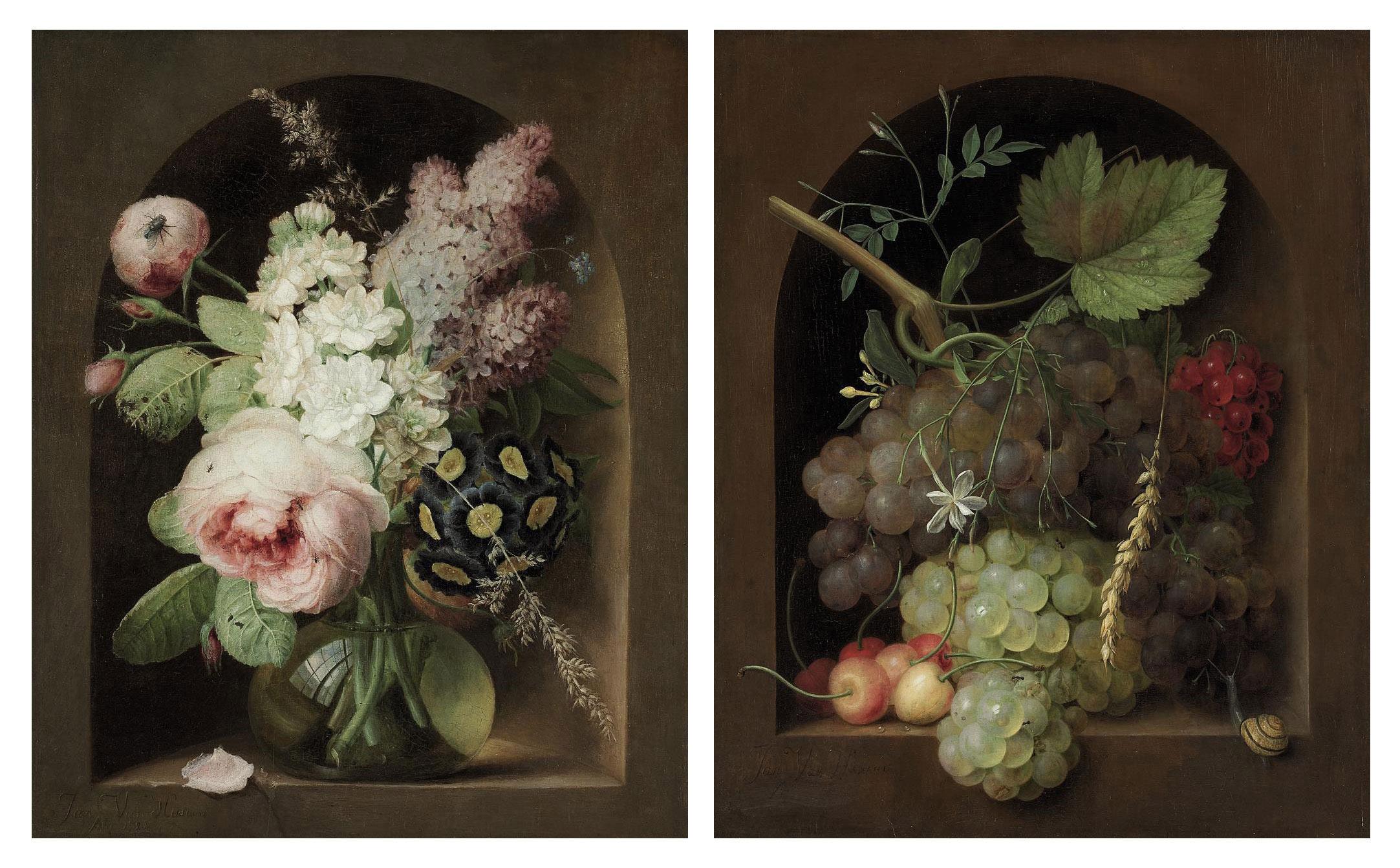 Georg Frederik Ziesel - Roses, hyacinth and other flowers in a glass vase in a stone niche; and Grapes, cherries and wheat with a snail in a stone niche